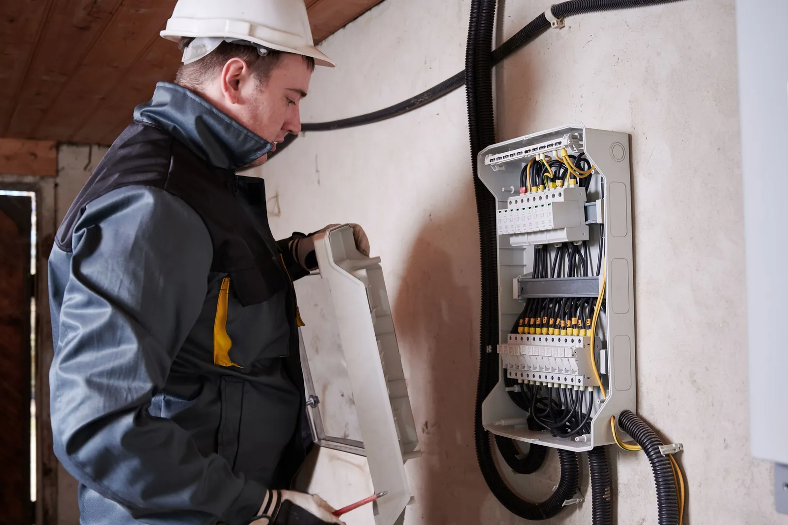 Electrician in a hard hat opening the cover of a breaker panel