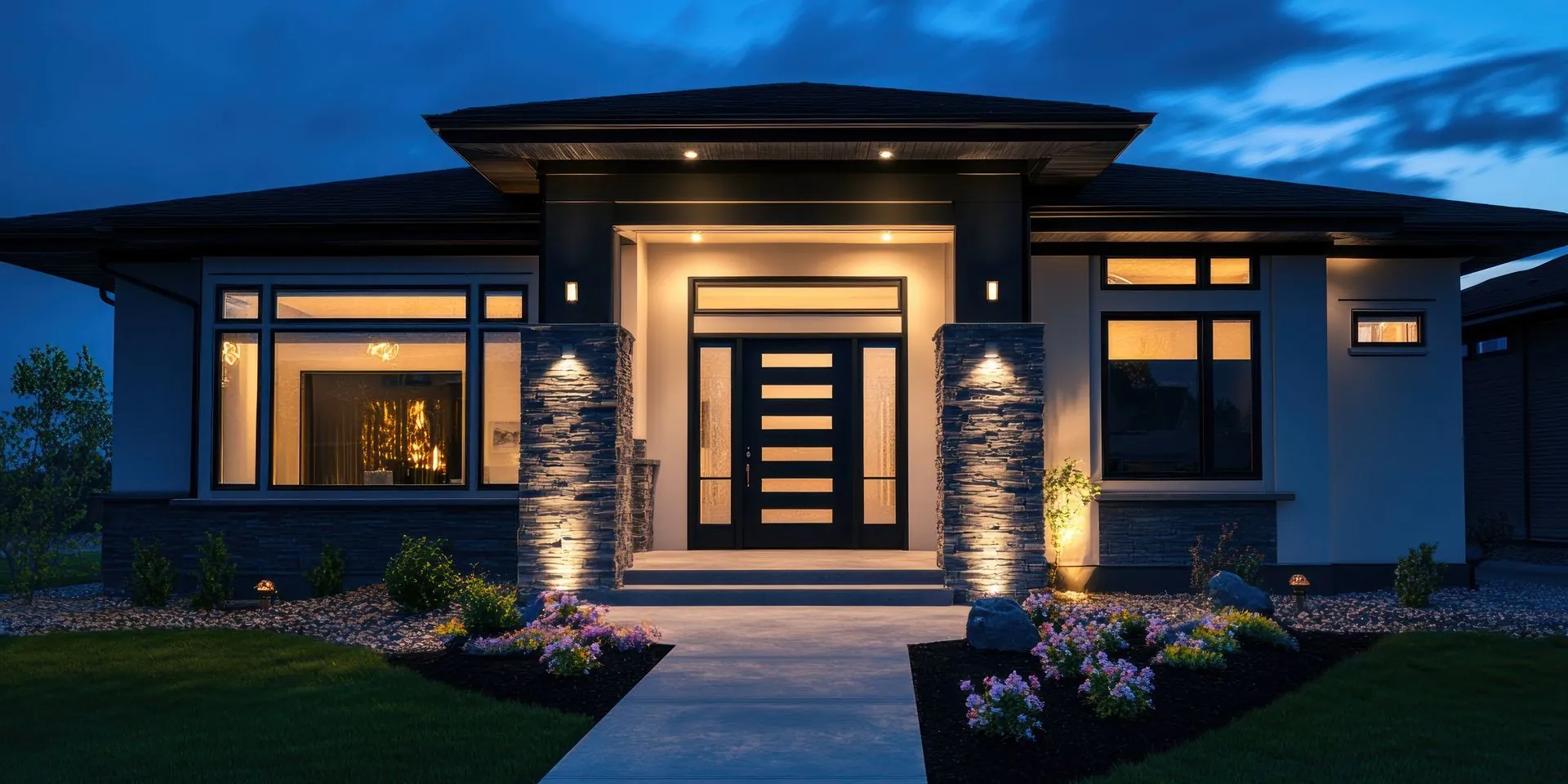 Single-storey home at dusk with its windows and entry lights glowing