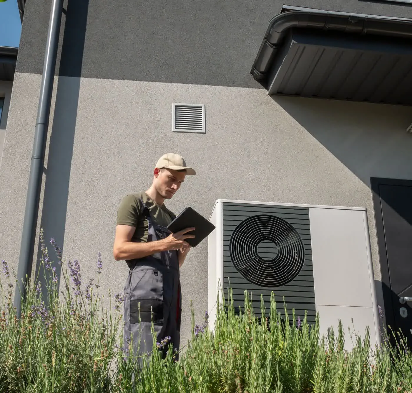 Technician in a cap checking a tablet beside an outdoor heat pump unit against a grey house wall