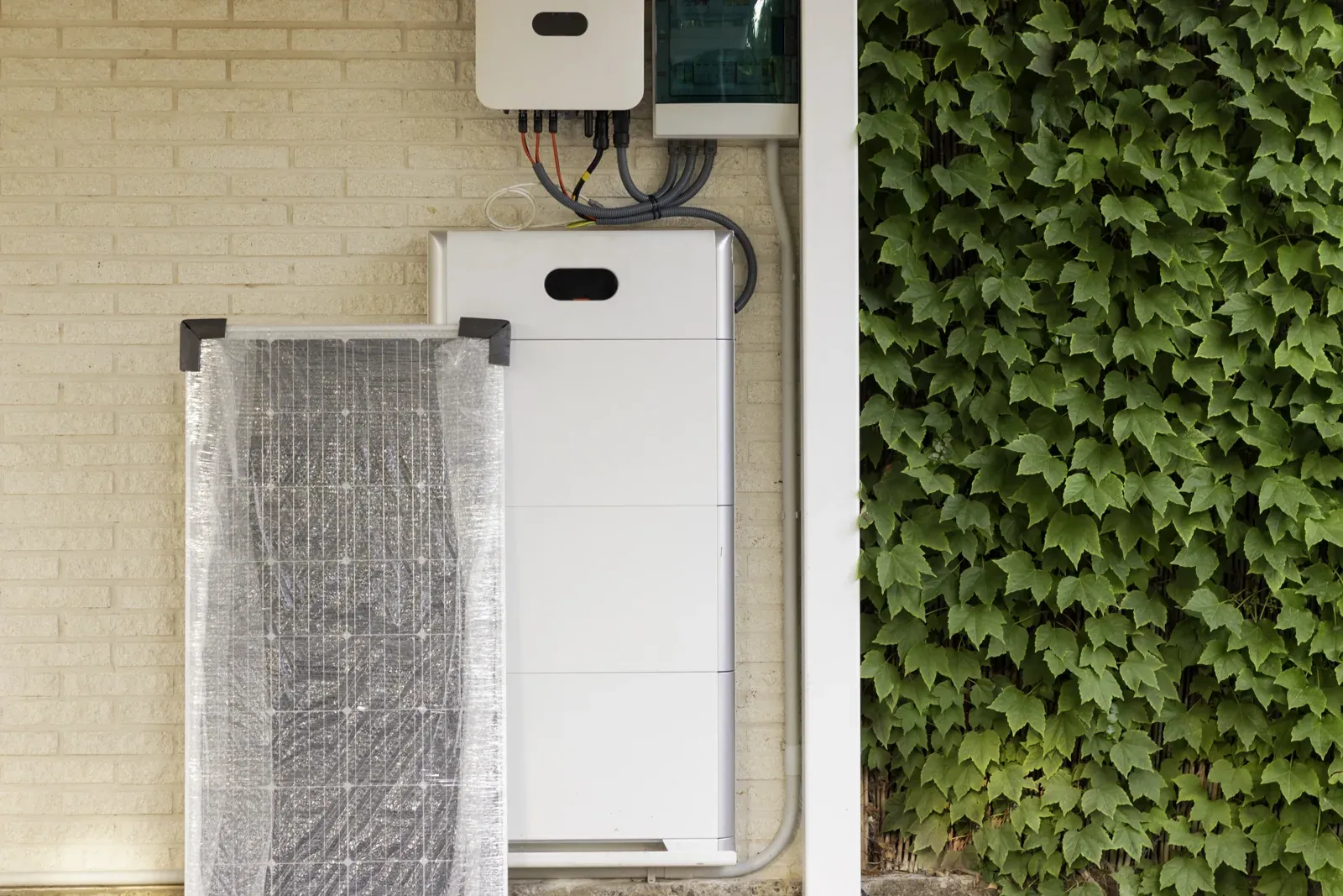 Home battery and inverter mounted on an outside wall beside ivy, with a wrapped solar panel leaning in front