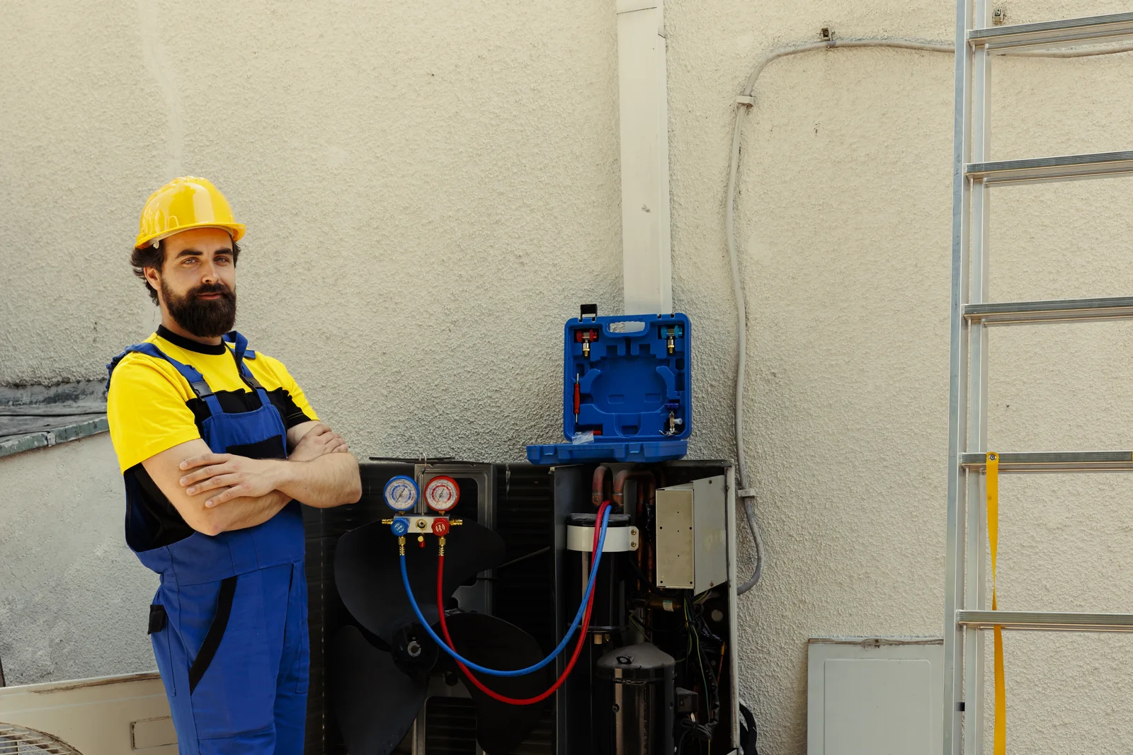 HVAC technician beside the system he services