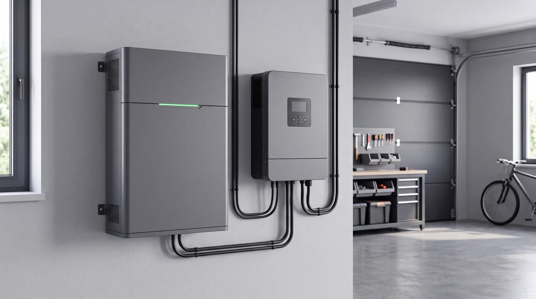 Wall-mounted home battery cabinet and inverter with conduit runs inside a clean garage