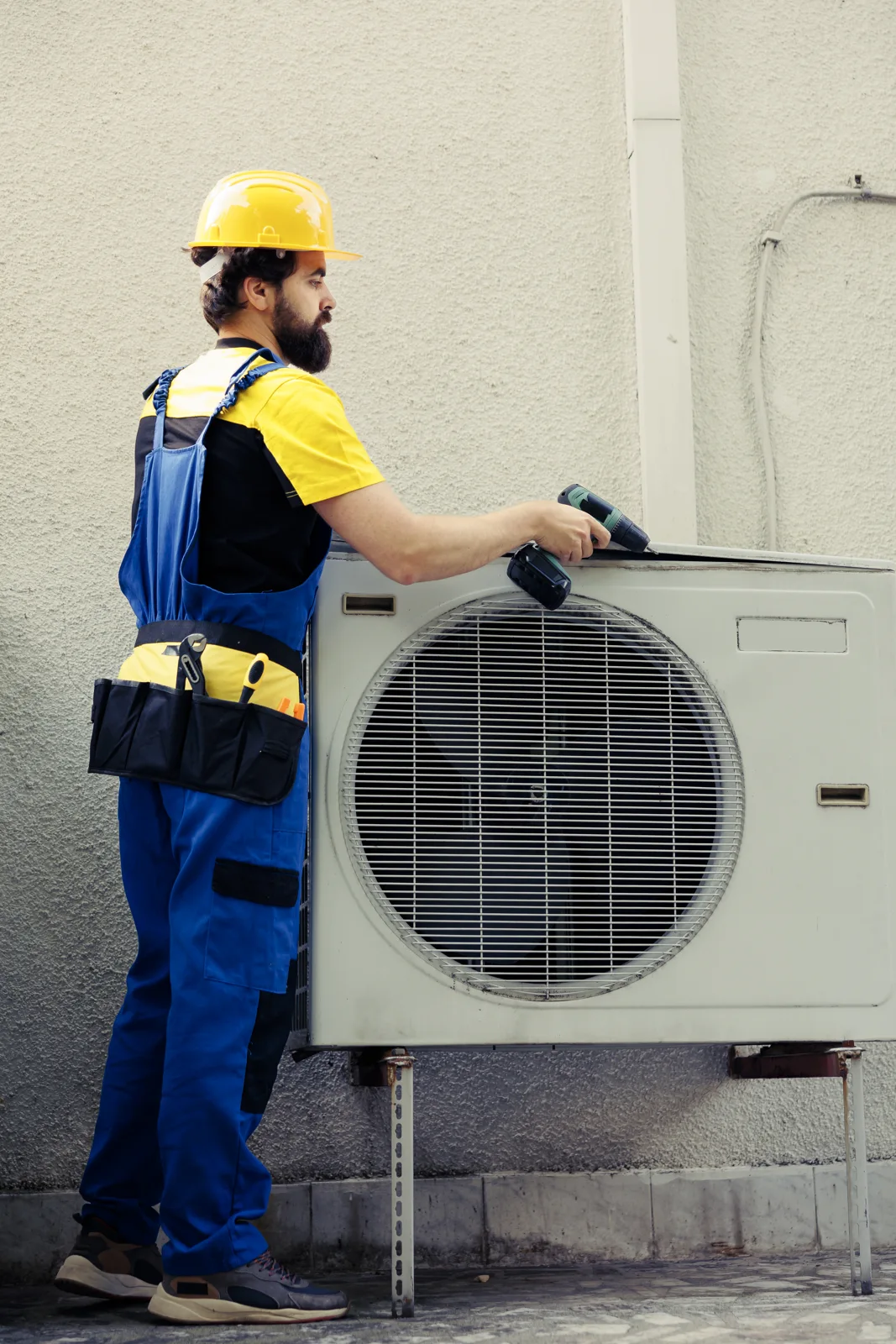 Technician working on an outdoor HVAC unit